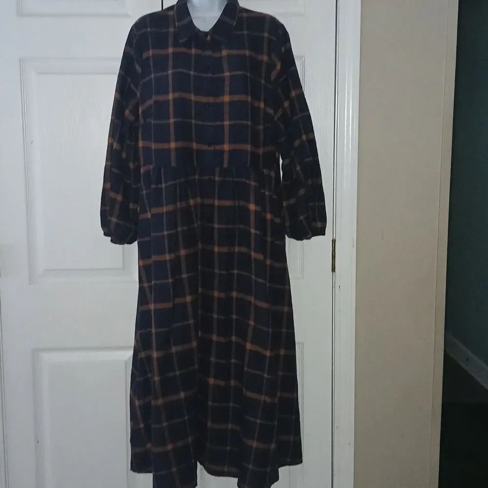 Bloomchic navy and orange flannel plaid fit flare midi dress Sz 14-16 NEW